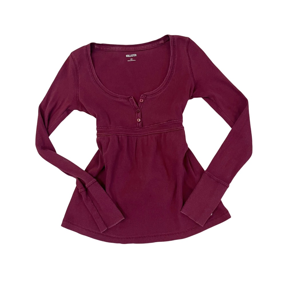Hollister Burgundy Red Ribbed Babydoll Top Long Sleeve Henley Y2K Size XS
